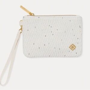 Kendra Scott Tweed Pouch White Textured Clutch with Gold Accent